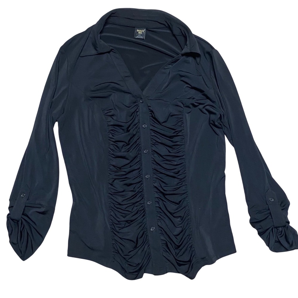 Paisley Sky Black Ruched Front Button Down Blouse V-Neck Long Sleeve Top Large